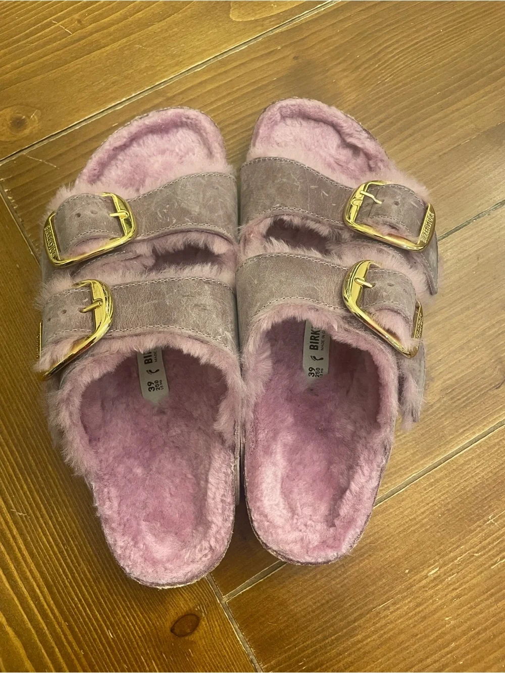 Birkenstock Fuzzy Double-Buckle Slides in Mauve Pink - Picture 1 of 5